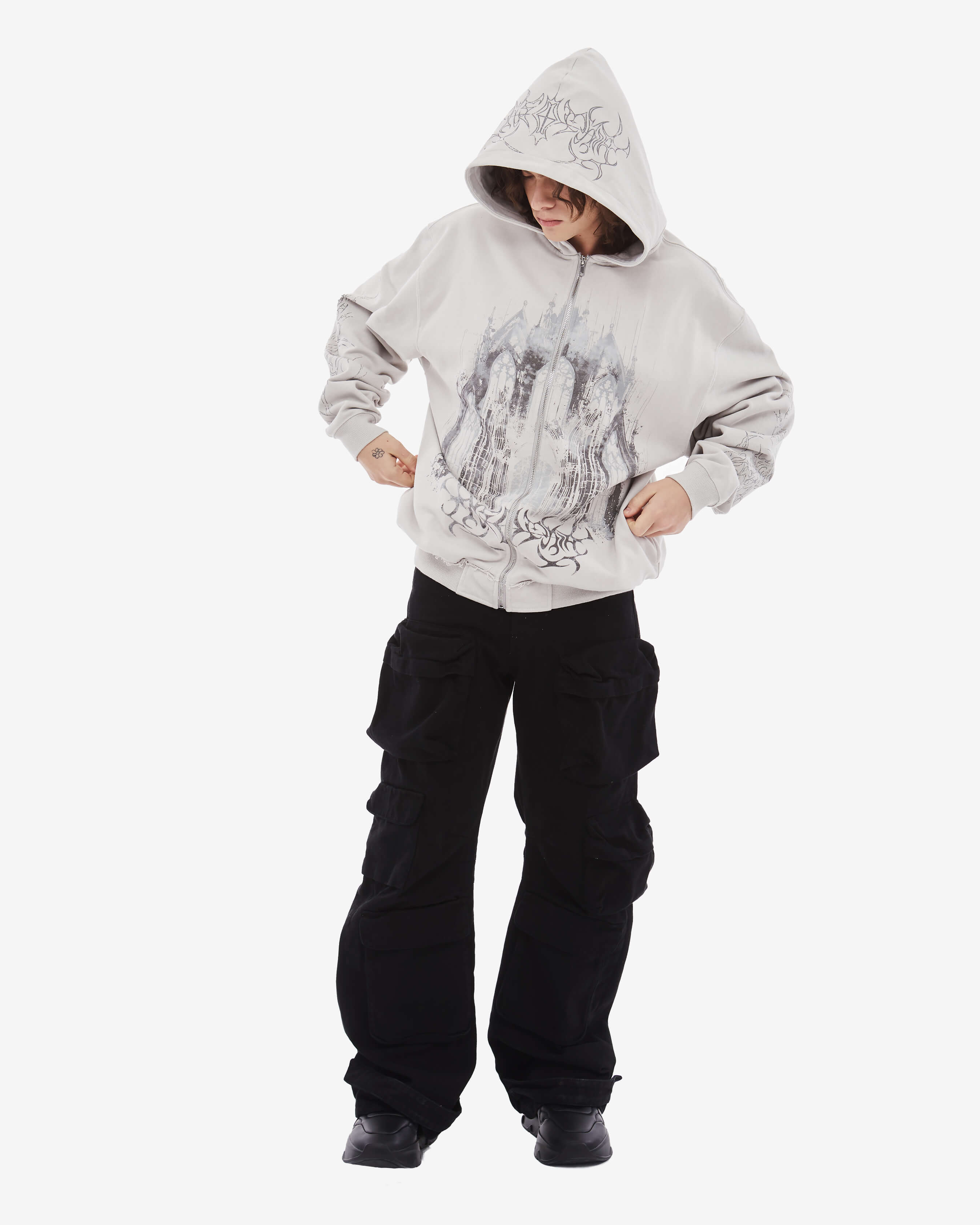 Gray graphic zip-up hoodie with cathedral print and hood