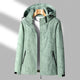 Women's hooded leaf pattern rain jacket with long sleeves and zipped pockets