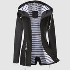 Women's hooded jacket with long sleeves and striped lining