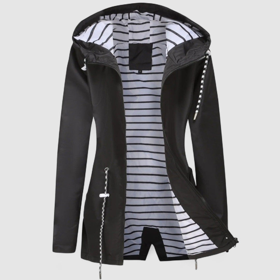 Women's hooded jacket with long sleeves and striped lining