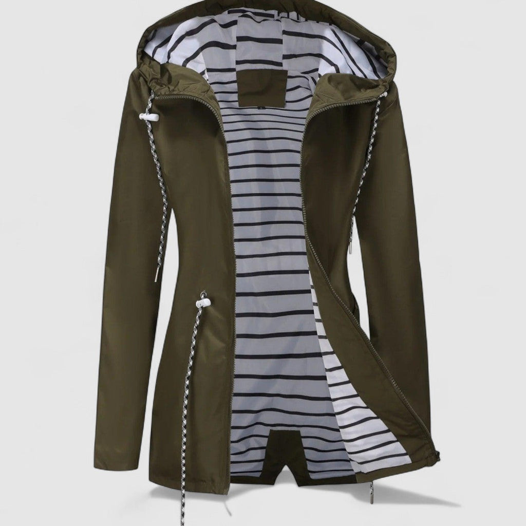 Women's hooded jacket with long sleeves and striped lining