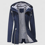 Women's hooded jacket with long sleeves and striped lining