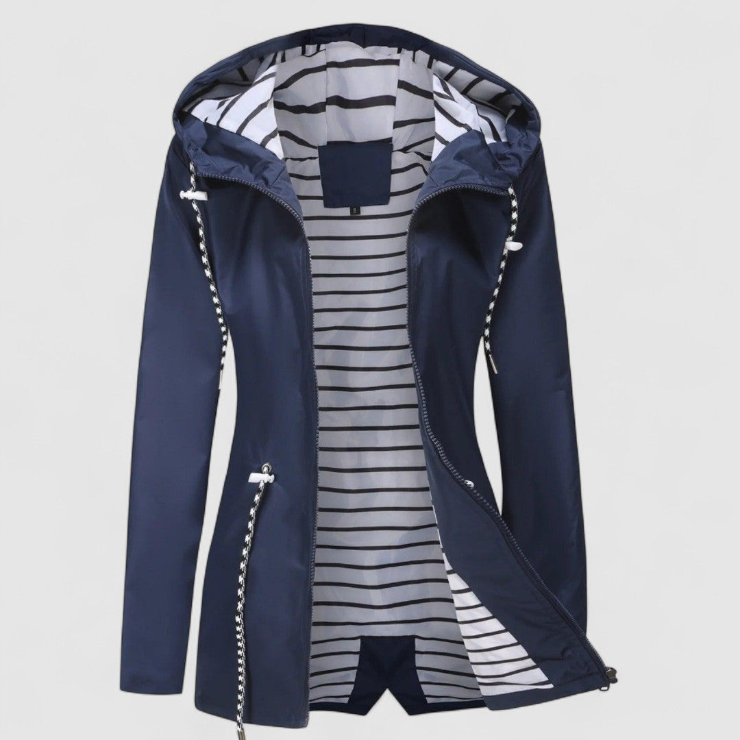 Women's hooded jacket with long sleeves and striped lining