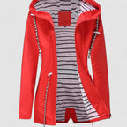 Women's hooded jacket with long sleeves and striped lining