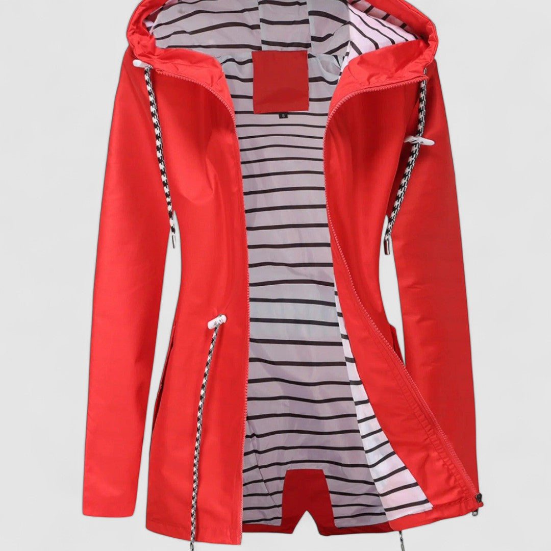 Women's hooded jacket with long sleeves and striped lining