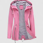Women's hooded jacket with long sleeves and striped lining