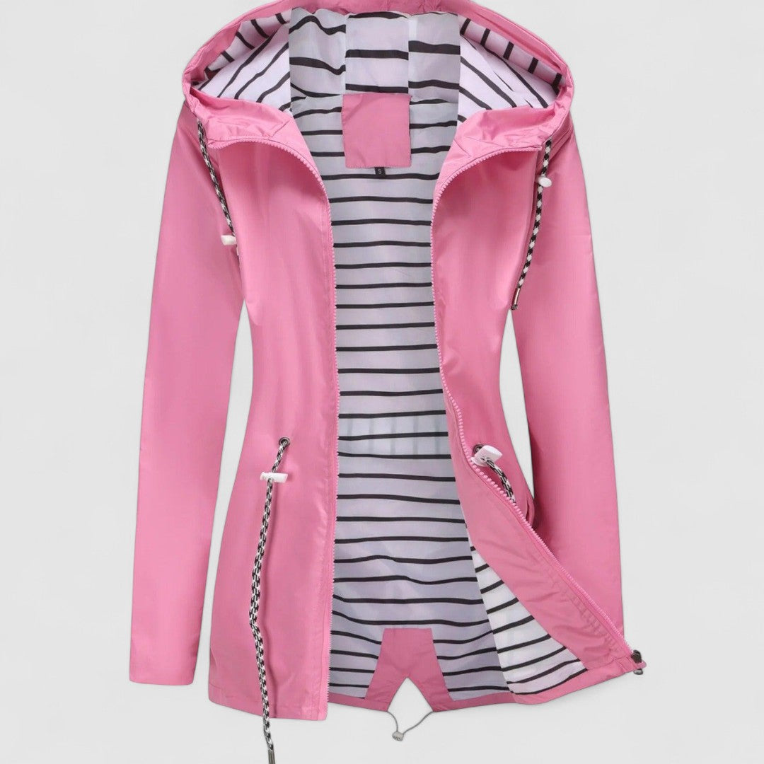 Women's hooded jacket with long sleeves and striped lining