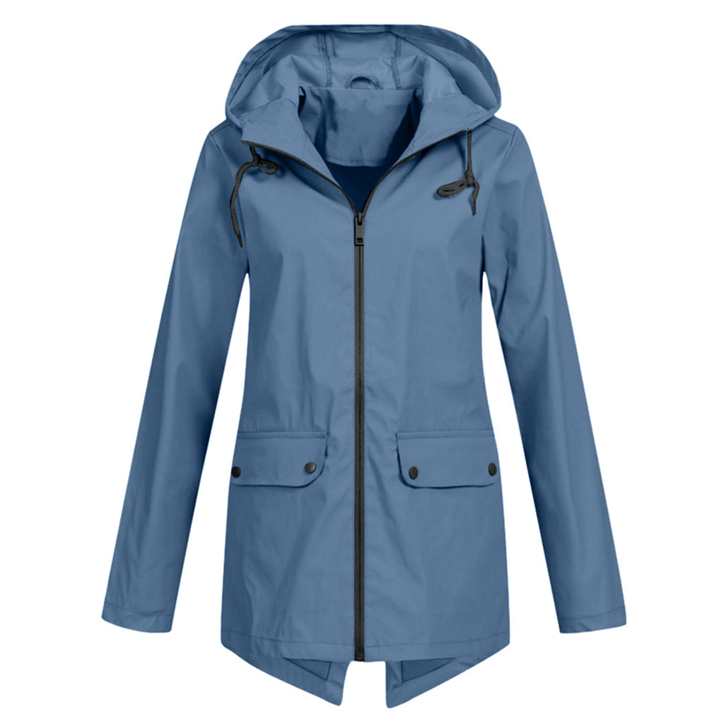 Women's longline hooded raincoat with zip front and flap pockets