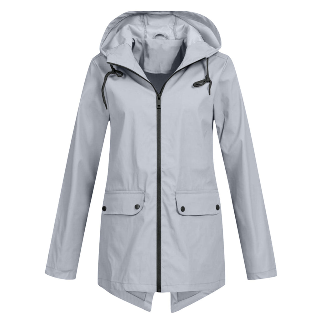 Women's longline hooded raincoat with zip front and flap pockets