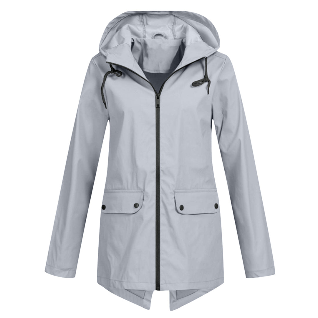 Women's longline hooded raincoat with zip front and flap pockets
