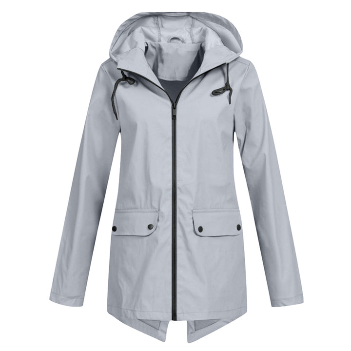Women's longline hooded raincoat with zip front and flap pockets
