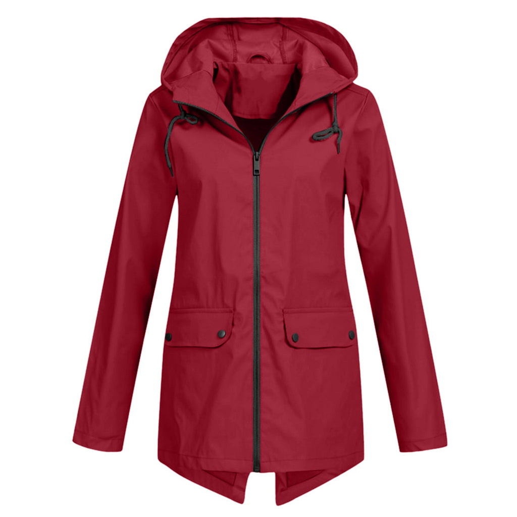 Women's longline hooded raincoat with zip front and flap pockets