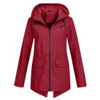 Women's longline hooded raincoat with zip front and flap pockets