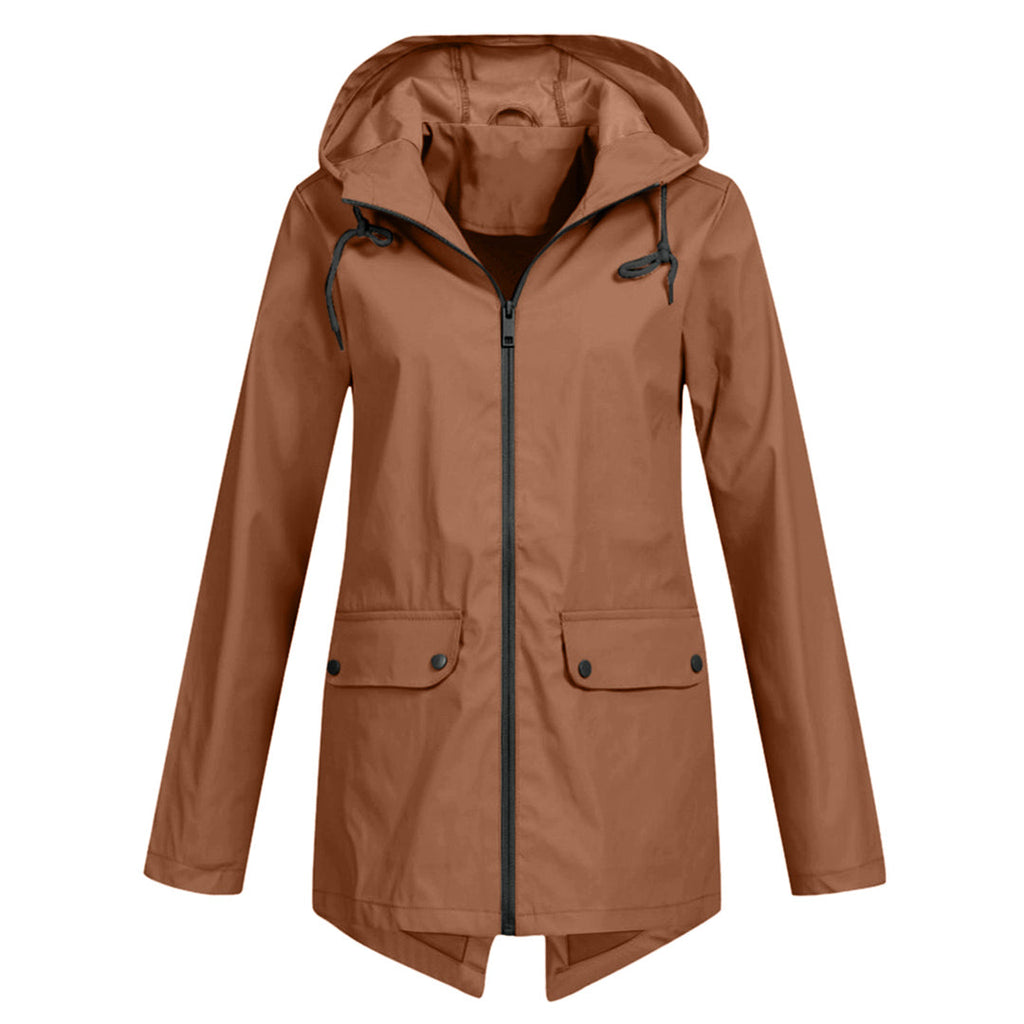 Women's longline hooded raincoat with zip front and flap pockets