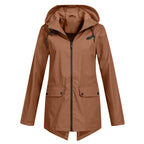 Women's longline hooded raincoat with zip front and flap pockets