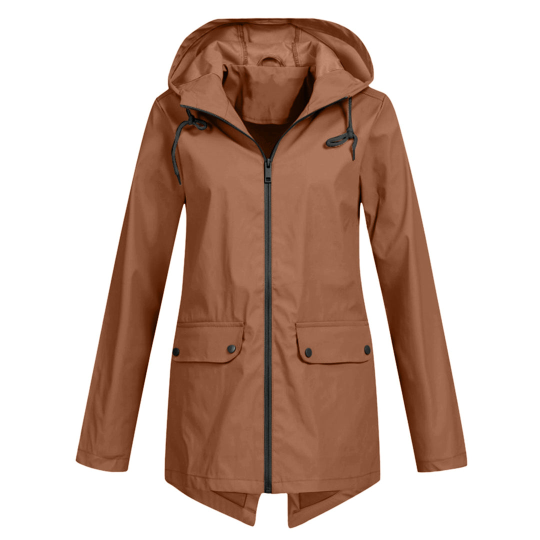 Women's longline hooded raincoat with zip front and flap pockets