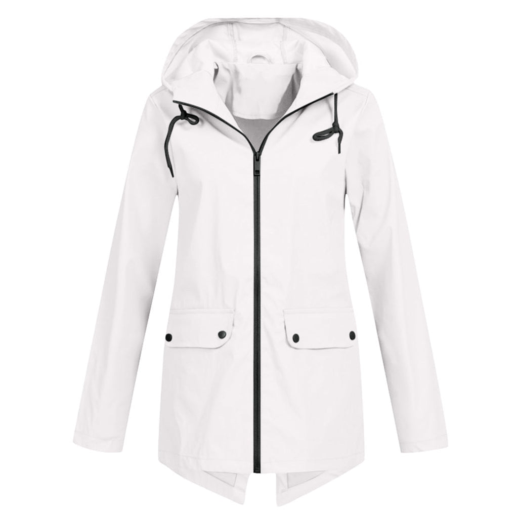 Women's longline hooded raincoat with zip front and flap pockets
