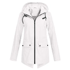 Women's longline hooded raincoat with zip front and flap pockets