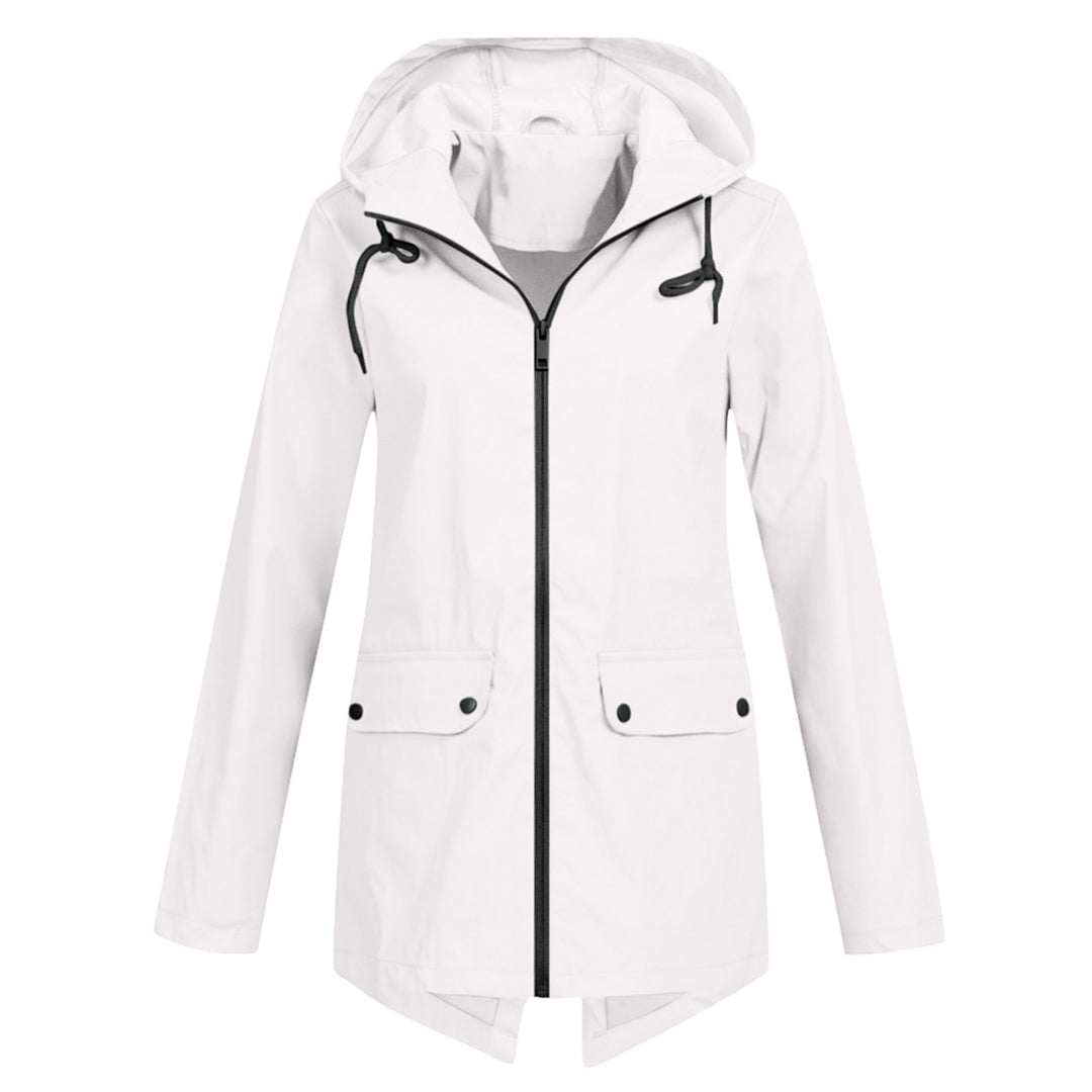 Women's longline hooded raincoat with zip front and flap pockets