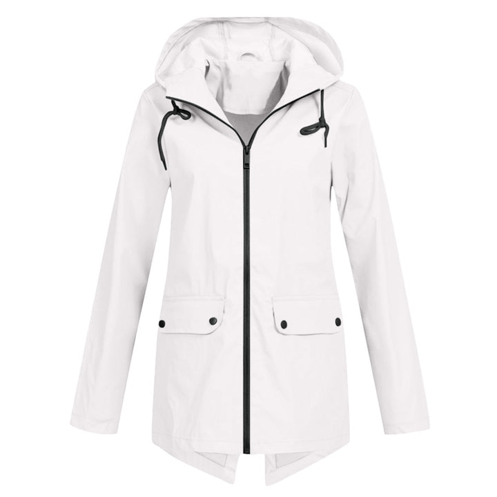 Women's longline hooded raincoat with zip front and flap pockets