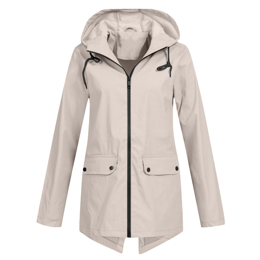 Women's longline hooded raincoat with zip front and flap pockets