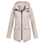 Women's longline hooded raincoat with zip front and flap pockets