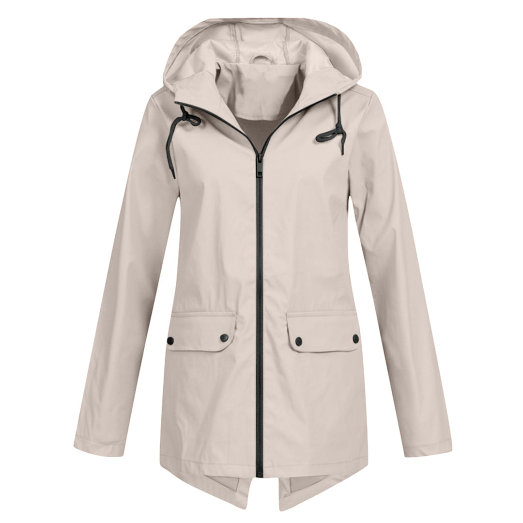 Women's longline hooded raincoat with zip front and flap pockets