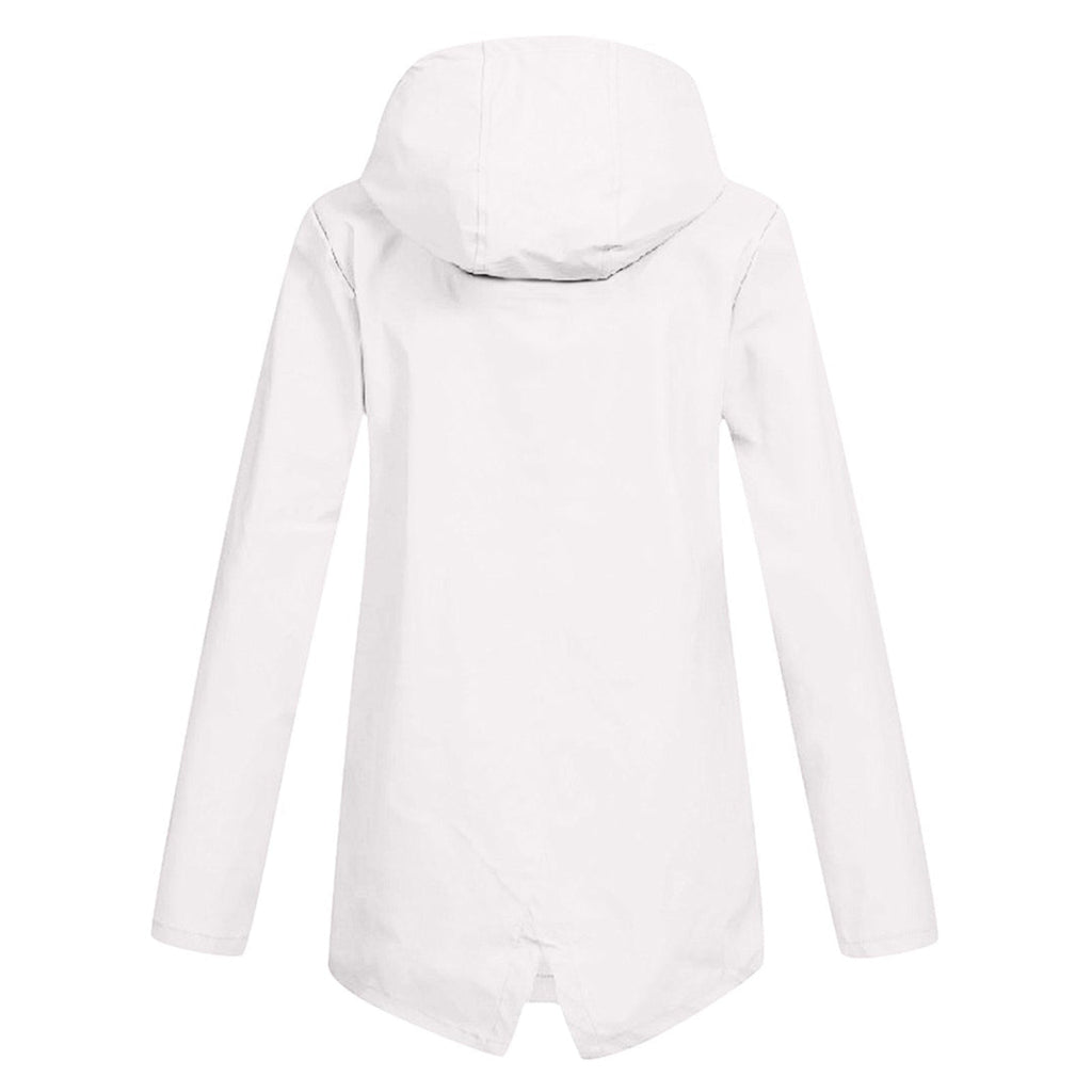 Women's longline hooded raincoat with zip front and flap pockets