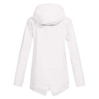 Women's longline hooded raincoat with zip front and flap pockets