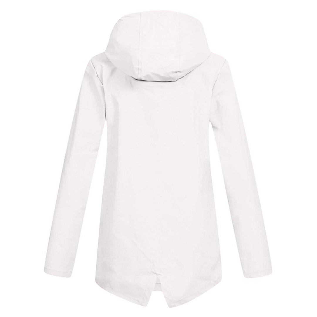 Women's longline hooded raincoat with zip front and flap pockets