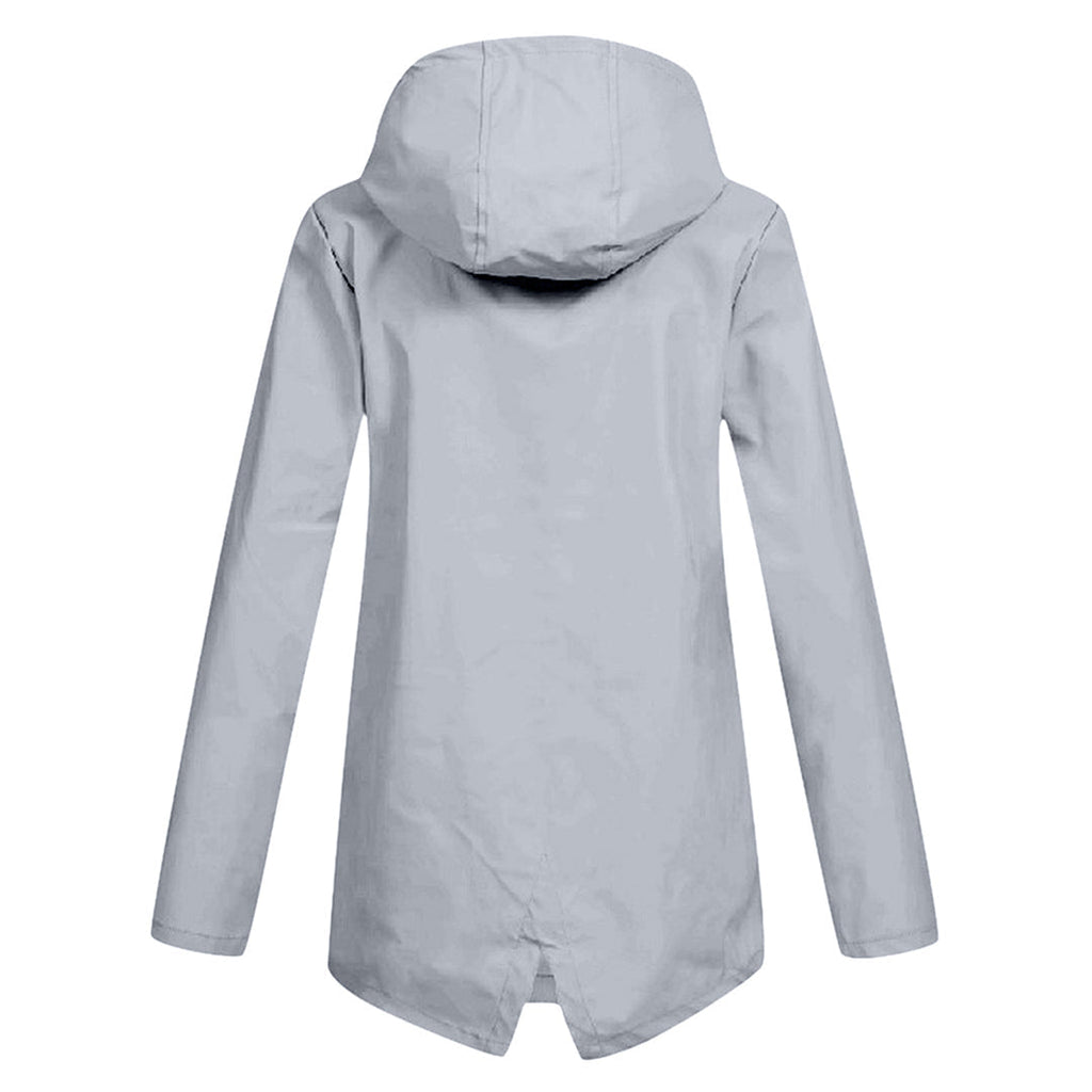 Women's longline hooded raincoat with zip front and flap pockets