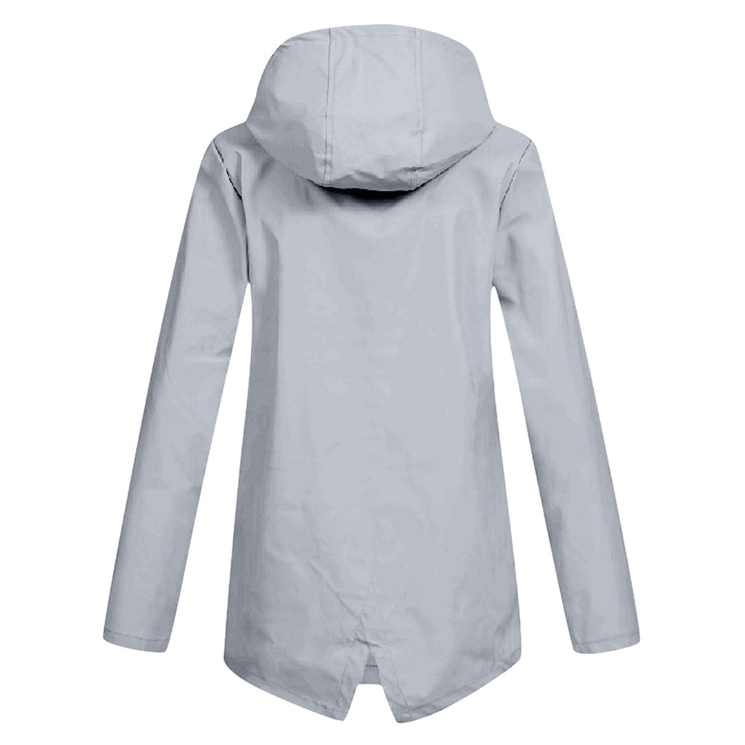 Women's longline hooded raincoat with zip front and flap pockets