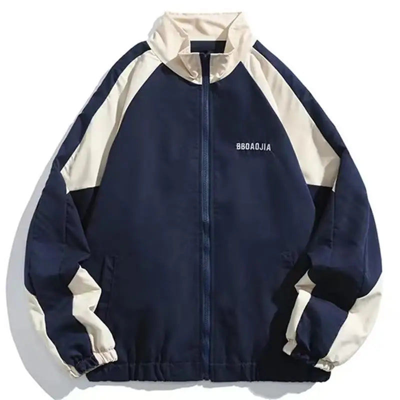Unisex colour block windbreaker jacket with stand collar and zip front