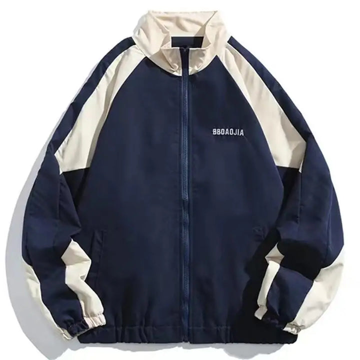 Unisex colour block windbreaker jacket with stand collar and zip front