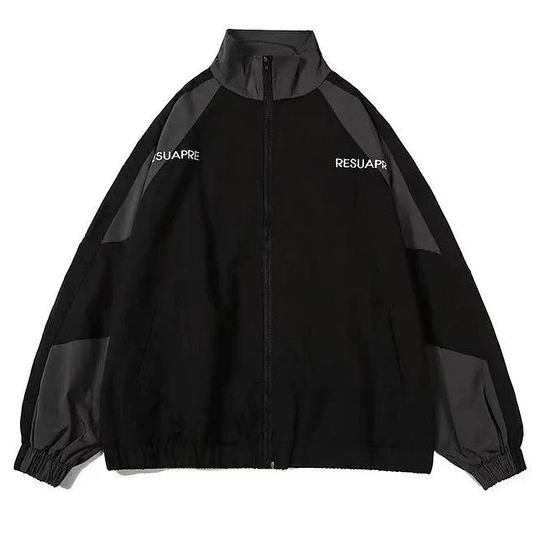 Unisex colour block windbreaker jacket with stand collar and zip front