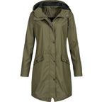 Women's long hooded rain jacket with zip and press-stud front