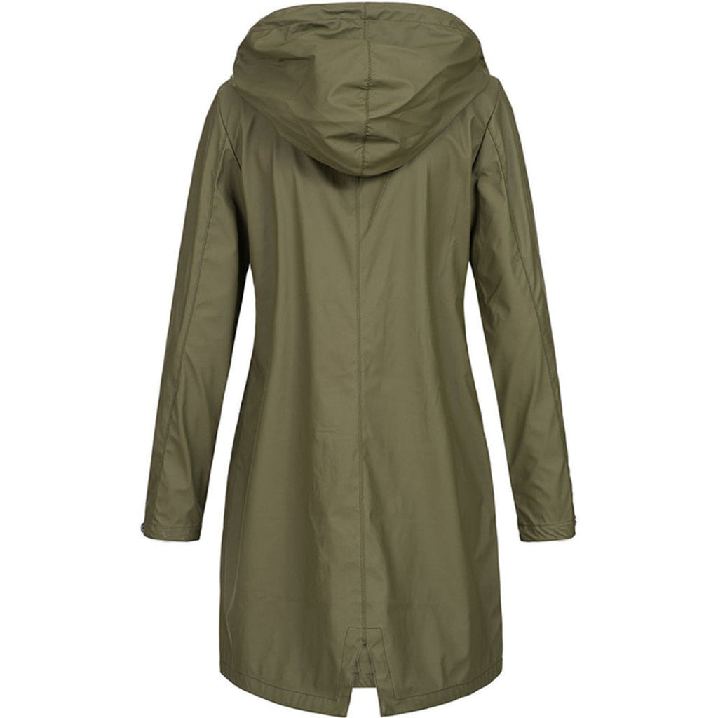 Women's long hooded rain jacket with zip and press-stud front