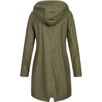 Women's long hooded rain jacket with zip and press-stud front