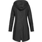 Women's long hooded rain jacket with zip and press-stud front
