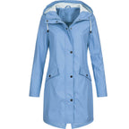 Women's long hooded rain jacket with zip and press-stud front