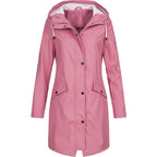 Women's long hooded rain jacket with zip and press-stud front