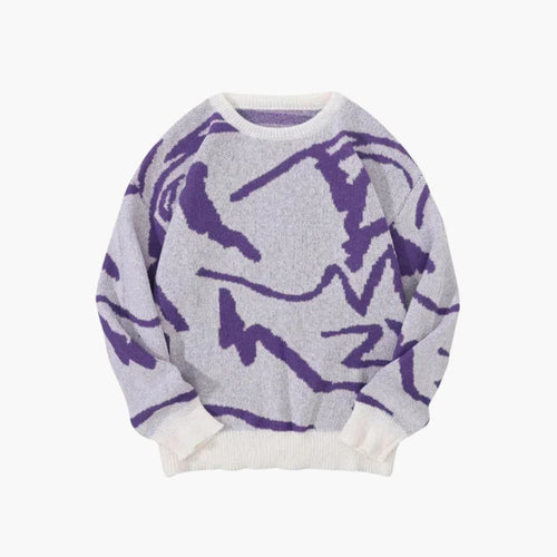 Men's crew neck sweater with abstract line pattern and ribbed trims