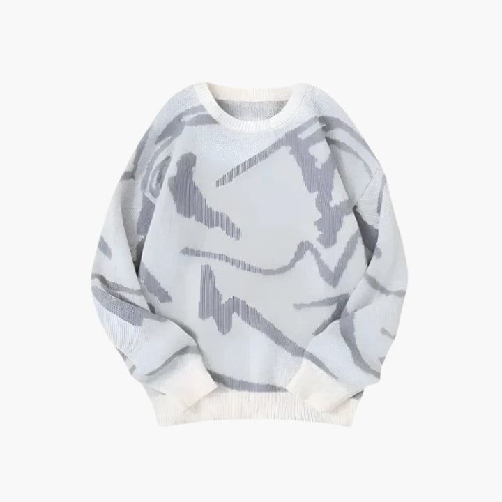 Men's crew neck sweater with abstract line pattern and ribbed trims