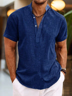 Men's short-sleeve textured Henley shirt with stand collar
