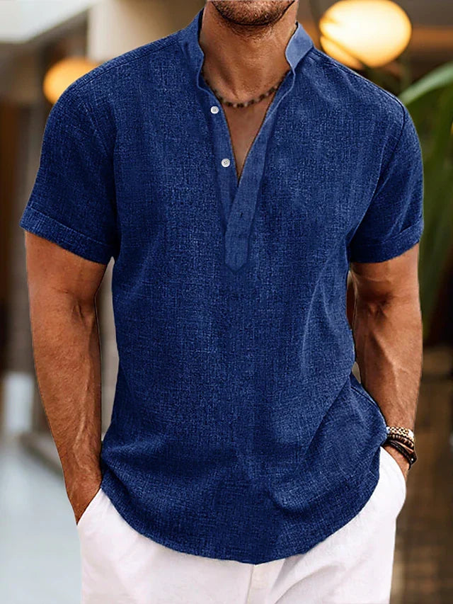 Men's short-sleeve textured Henley shirt with stand collar