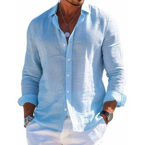 Men's casual button-up shirt with point collar and long sleeves