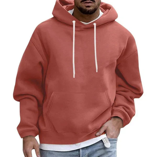 Men's plain pullover hoodie with drawstring hood, long sleeves and front kangaroo pocket