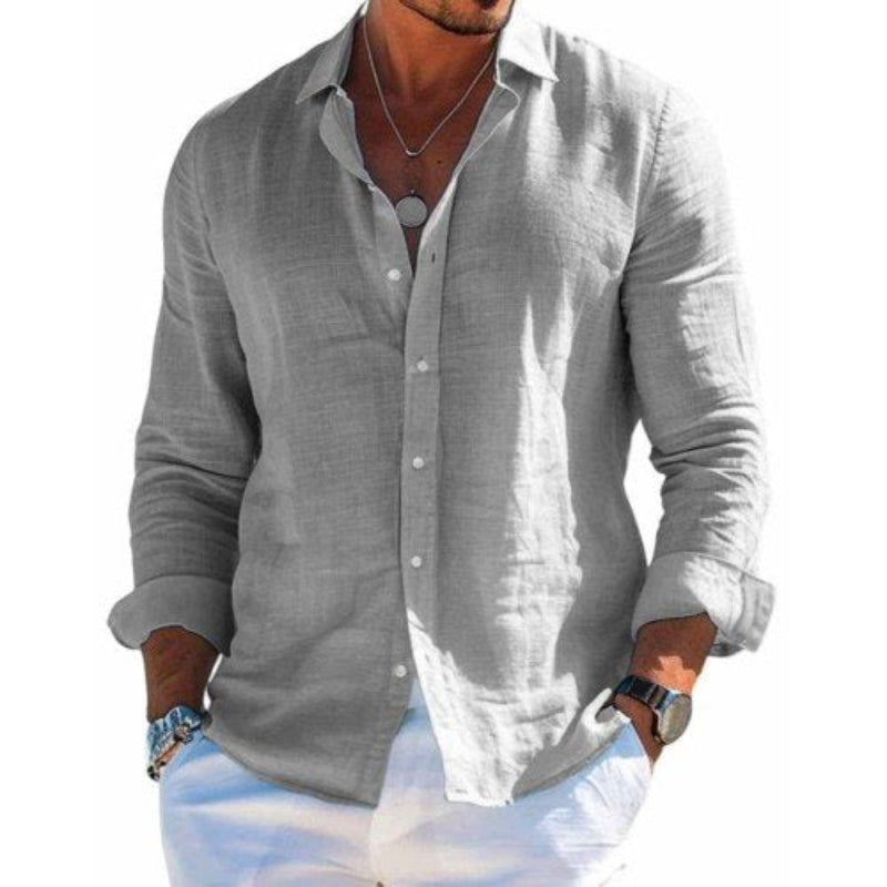 Men's casual button-up shirt with point collar and long sleeves