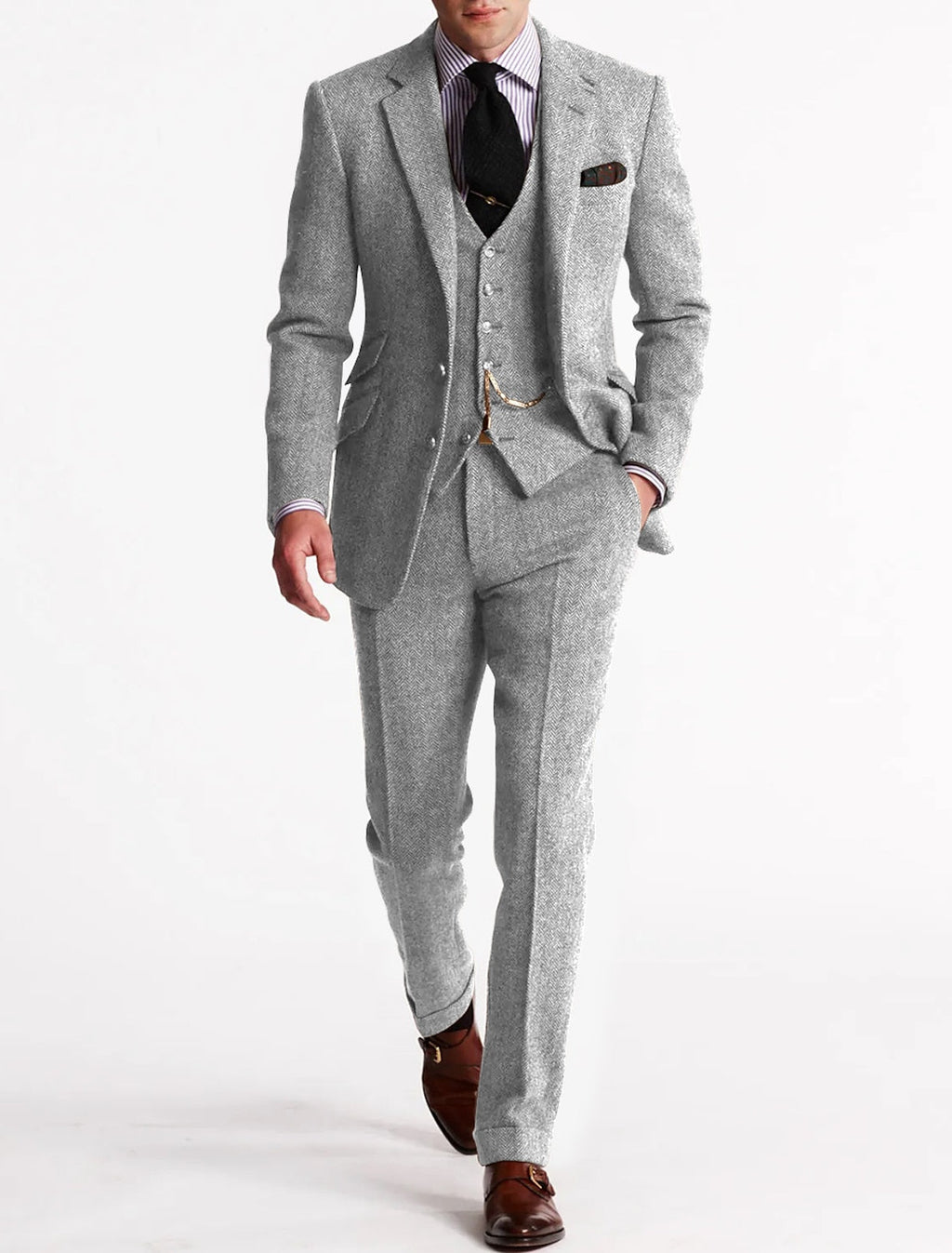 Men's tailored herringbone three-piece suit with jacket, waistcoat and trousers