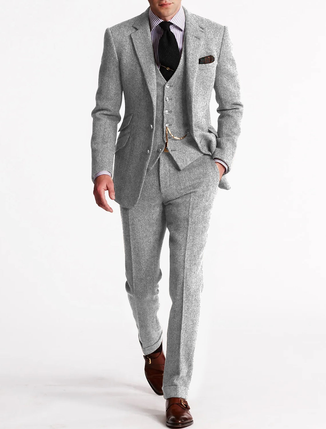 Men's tailored herringbone three-piece suit with jacket, waistcoat and trousers